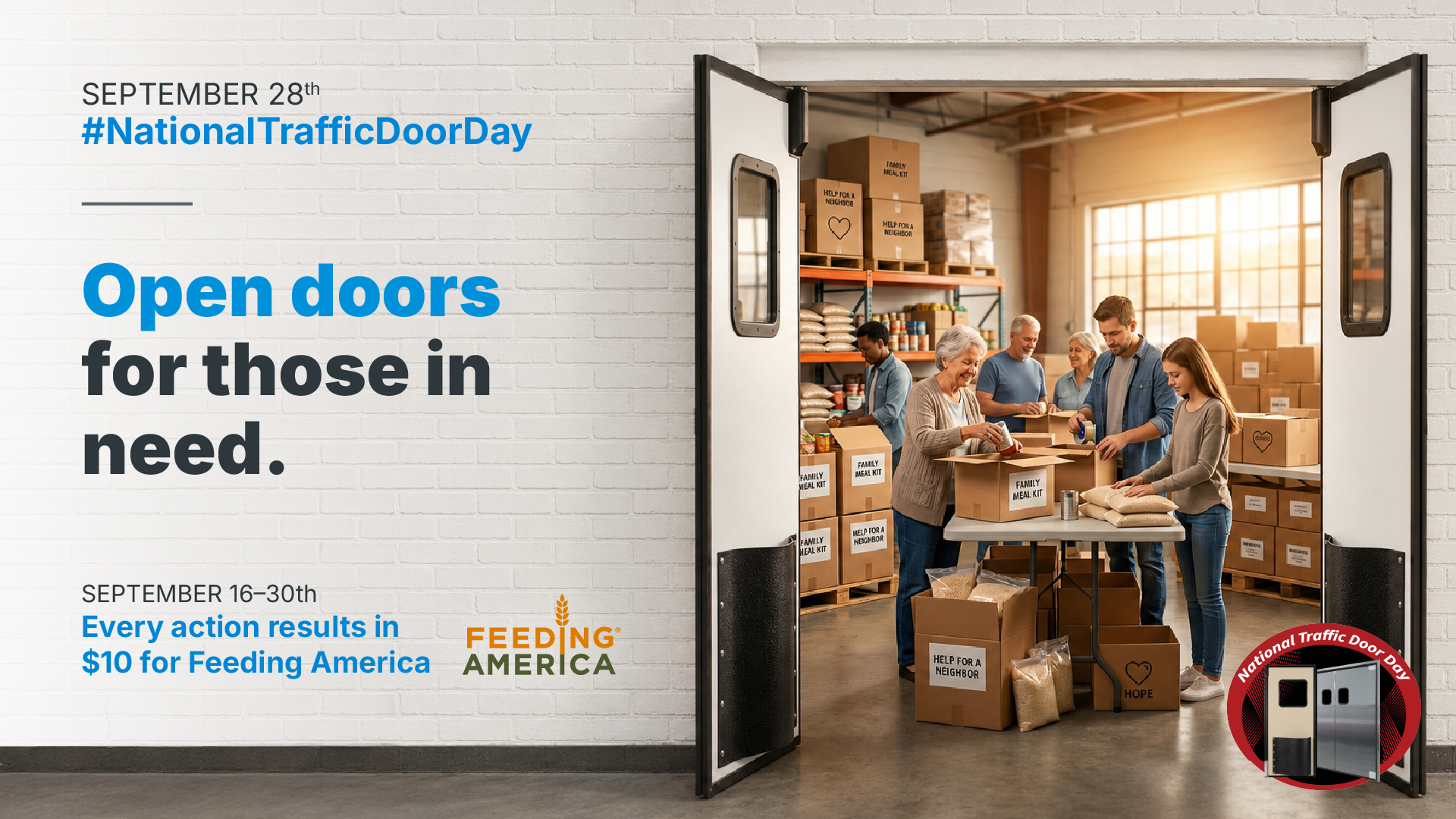 An image of people working together to prepare meals for the needy. The space is defined by a pair of double-acting traffic doors. A white wall to the left servers as a background for the text, "September 28th. #NationalTrafficDoorDay. Open doors for those in need. September 16-30th every action results in $10 for Feeding America". This text is followed by the logo for the non-profit "Feeding America". The National Traffic Door Day logo, featuring a single beige with bumper and a pair of stainless steel traffic doors on a red and black circle inscribed around the upper quarter with the words "National Traffic Door Day".